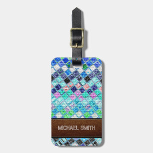 Etiqueta Para Maletas Colorido Mosaico Burlap Elegante Cuero Aspecto #13