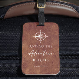Etiqueta Para Maletas Comienza la aventura en cuero marrón personalizada