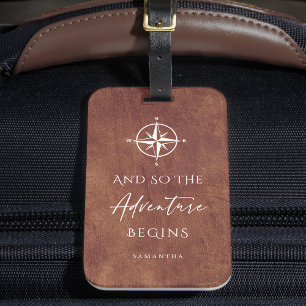 Etiqueta Para Maletas Comienza la aventura en cuero marrón personalizada