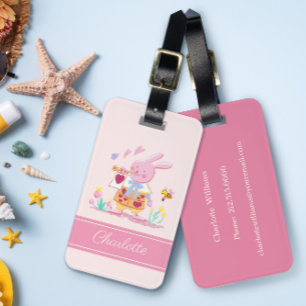 Etiqueta Para Maletas conejito rosa acuarela y abeja en jardín Monograma