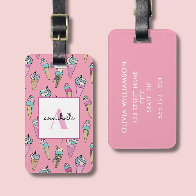 Etiqueta Para Maletas Cono de helado de verano rosa (Girls pink luggage tag with ice cream design.  Customise with you own name and details.)