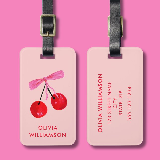 Etiqueta Para Maletas Coquette Cherry & Pink Bow (Cherry & pink bow coquette aesthetic personalized luggage tag)
