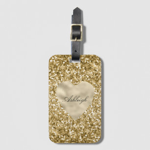 Etiqueta Para Maletas Corazón de Oro Glitter Personalizado             