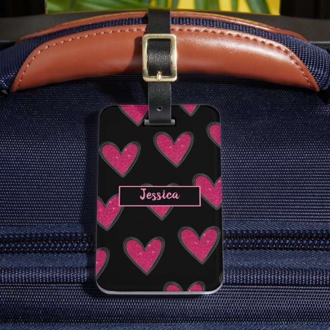 Etiqueta Para Maletas Corazones de Purpurina rosado (Anverso In situ 2)