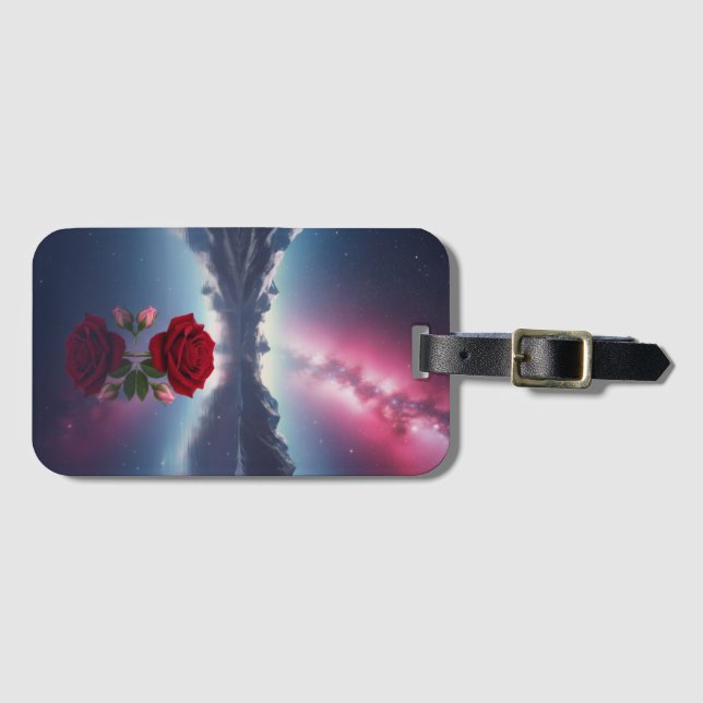 Etiqueta Para Maletas Cosmic Rose: Galaxy Reflection on Serene Lake (Anverso horizontal)