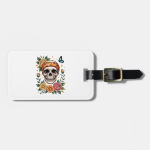 Etiqueta Para Maletas Cráneo Floral Halloween Espeluznante