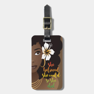Etiqueta Para Maletas Creía Que Podía, Mujer Negra, Marrón Flor