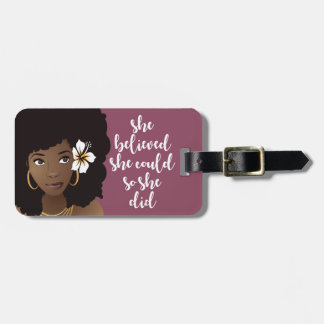 Etiqueta Para Maletas Creía Que Podía, Mujer Negra, Morado De Flor