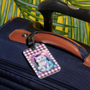 Etiqueta Para Maletas Cristal Cat Purple Black Plaid Curte White Kitten