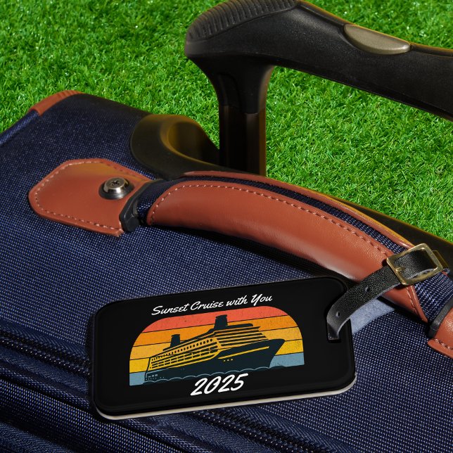 Etiqueta Para Maletas Cruceros Black SUNSET con usted (Personalize with a few words and the current year,)