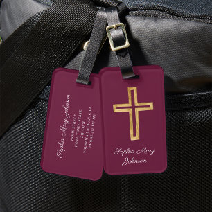 Etiqueta Para Maletas Cruz Religiosa Elegante Roja Burgundy Script