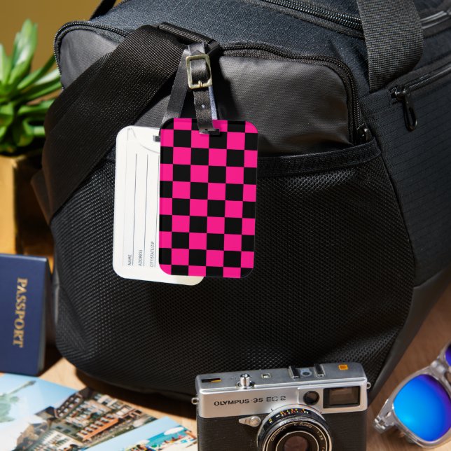 Etiqueta Para Maletas Cuadrados controlados retro geométrico negro rosa  (Anverso & Reverso)
