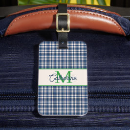 Etiqueta Para Maletas Cuadro de Gingham Azul y Verde Tartán Monograma