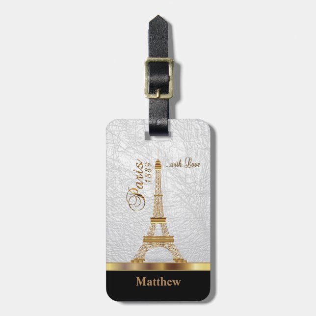 Etiqueta Para Maletas Cuero Falso Blanco con Acento Dorado de París (Frente Vertical)