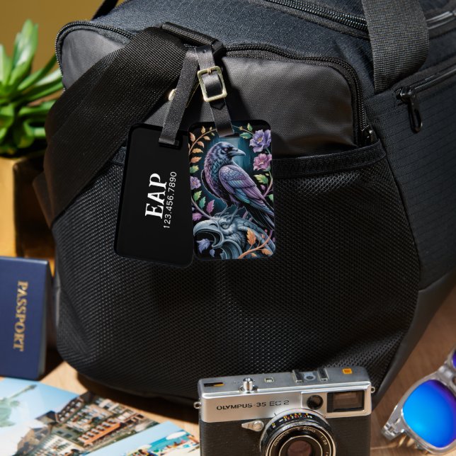 Etiqueta Para Maletas Cuervo Floral Negro (Anverso & Reverso)