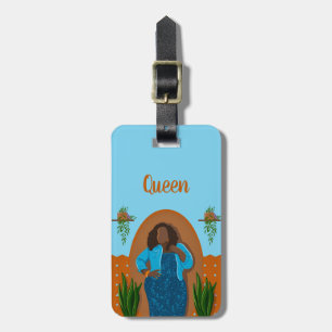 Etiqueta Para Maletas Curva, mujer negra, plantas domésticas, Naranja y