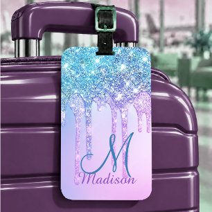 Etiqueta Para Maletas Cute azul Turquesa Unicornio Brillo Gotea monogram