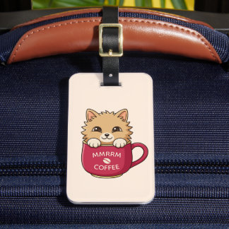 Etiqueta Para Maletas Cute Cat in Coffee Mug Custom Text Beige