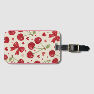 Etiqueta Para Maletas Cute Coquette Cereza y Patrón de Lazo Rojo
