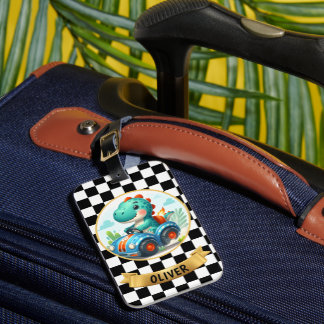 Etiqueta Para Maletas Cute Dinosaur Driving a Race Car