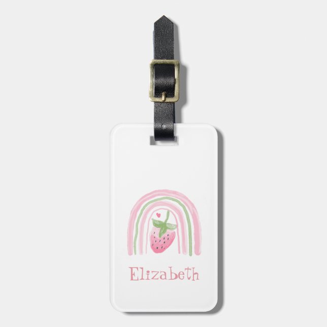 Etiqueta Para Maletas Cute Fresa Arcoíris Acuarela (Frente Vertical)