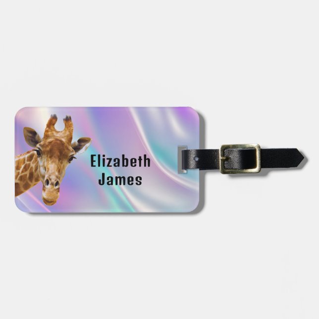 Etiqueta Para Maletas Cute Giraffe Animal Holográfico Nombre Personaliza (Frente Horizontal)