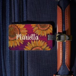 Etiqueta Para Maletas Cute Girly Rustic Boho Borgoña Morado Sunflower