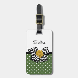 Etiqueta Para Maletas Cute Green Dots Yellow Rose Chevron Bow and Name