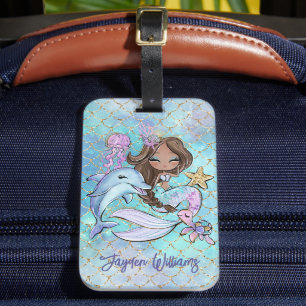 Etiqueta Para Maletas Cute Mermaid Brown Chica Nombre Personalizado Niño