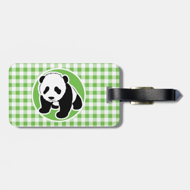 Etiqueta Para Maletas Cute Panda; Green Gingham (Atrás Horizontal)