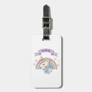 Etiqueta Para Maletas Cute Pastel Unicornio y Arcoíris Brillante con Nom