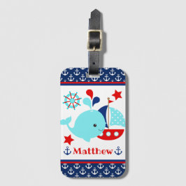 Etiqueta Para Maletas Cute Patrón de Ballena Azul Náutica y Anclas