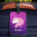Etiqueta Para Maletas Cute Purpurina Unicorn<br><div class="desc">Un lindo refrigerador de bebidas de cara de unicornio purpurina rosa y morado. Muy divertido para un chica que ama a los unicornios. Personalízalo con el nombre de tus chicas. Diseñado para ti por Blackberry Boulevard.</div>