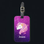 Etiqueta Para Maletas Cute Purpurina Unicorn<br><div class="desc">Un lindo refrigerador de bebidas de cara de unicornio purpurina rosa y morado. Muy divertido para un chica que ama a los unicornios. Personalízalo con el nombre de tus chicas. Diseñado para ti por Blackberry Boulevard.</div>