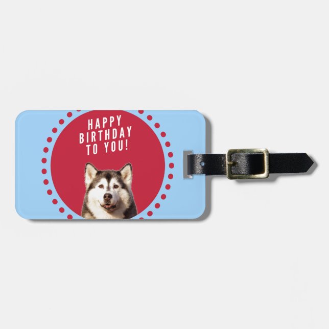 Etiqueta Para Maletas Cute Siberian Husky Feliz cumpleaños puntos rojos  (Frente Horizontal)