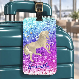 Etiqueta Para Maletas Cute unicornio rosa Glitter arcoíris monograma dor