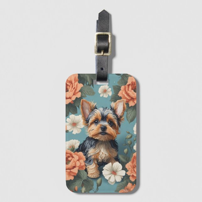 Etiqueta Para Maletas Cute Yorkshire Terrier Puppy Floral (Anverso vertical)