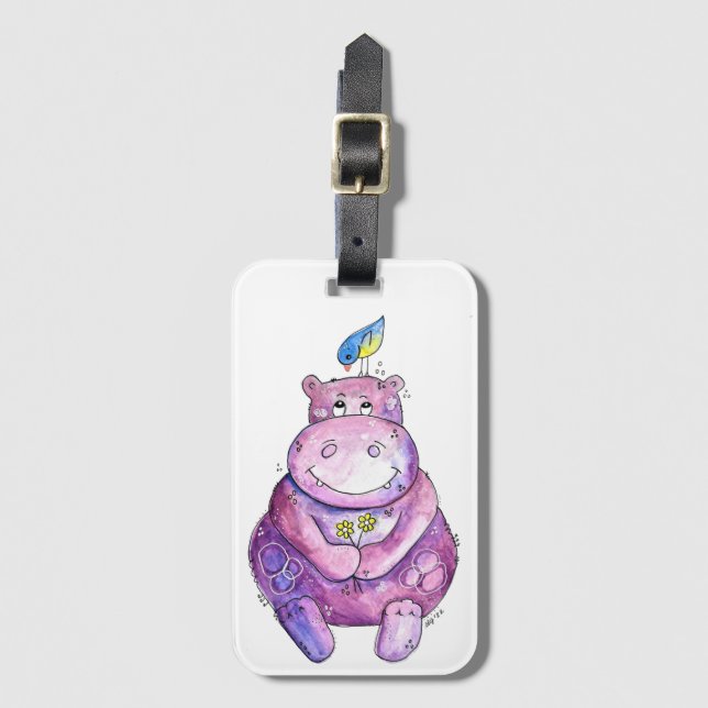 Etiqueta Para Maletas Cuto Whimsical Purple Hippo (Anverso vertical)