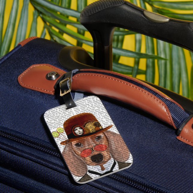 Etiqueta Para Maletas Dachshund con el Gorra Steampunk Bowler (Anverso In situ 1)