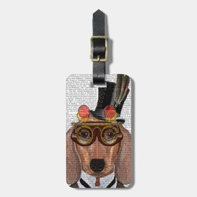 Etiqueta Para Maletas Dachshund con sombrero superior y gafas (Frente Vertical)
