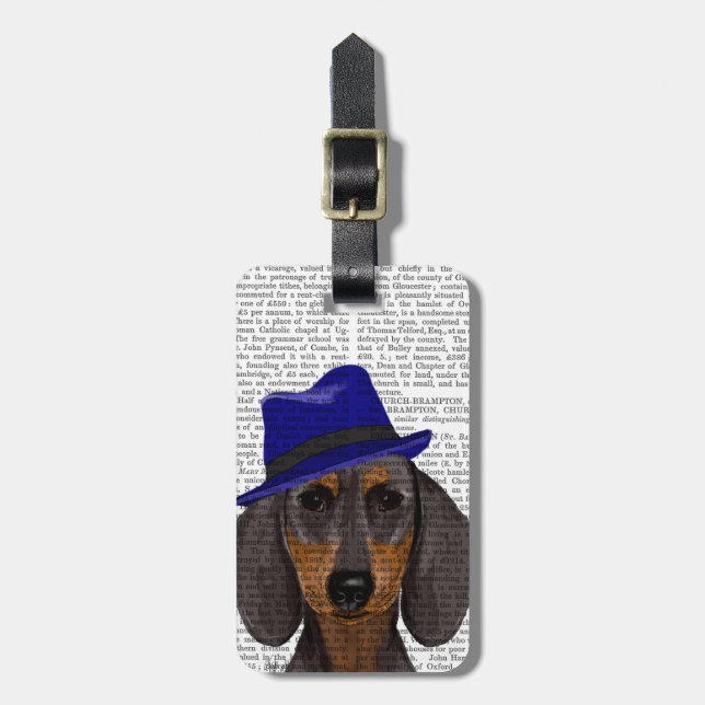 Etiqueta Para Maletas Dachshund Con Trilby Azul (Frente Vertical)