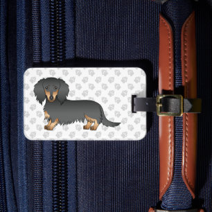 Etiqueta Para Maletas Dachshund de pelo largo negro y fuego con dibujo a