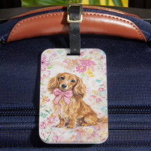 Etiqueta Para Maletas Dachshund Pelo Largo Floral Pastel Acuarela