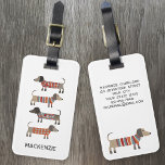 Etiqueta Para Maletas Dachshund Sausage Dog Personalizado<br><div class="desc">Pequeña salchicha de Dachshund o perritos de peluquería en ropa de cama de lana. Perfecto para los amantes del perro. Cambie el nombre a personalizar y los detalles de contacto en la parte posterior. Arte original de Nic Squirrell.</div>