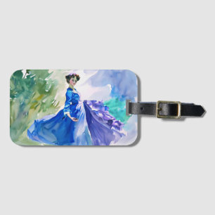 Etiqueta Para Maletas Dama con vestido azul - Pintura de color de agua