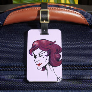 Etiqueta Para Maletas Dama Pirata Violeta Mujer Cabello Púrpura Dibujo A