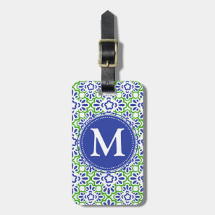 Etiqueta Para Maletas Damasco elegante del Arabesque azul y verde