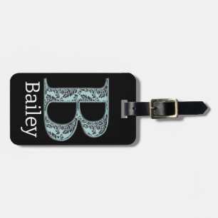 Etiqueta Para Maletas Damasco floral azul Imprimir las iniciales del mon