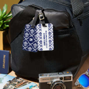 Etiqueta Para Maletas Damasco floral azul y blanco