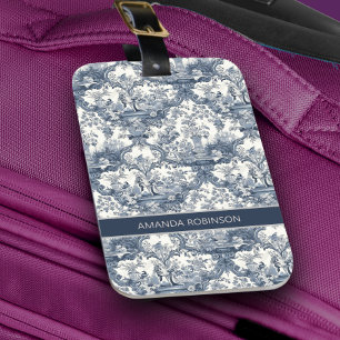 Etiqueta Para Maletas Damasco floral vintage Blue toile de jouy monogram